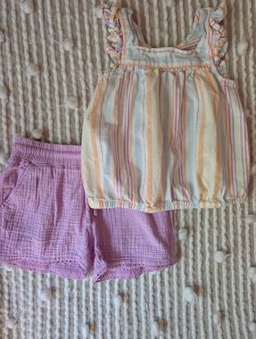 Girls' Pastel Striped Ruffle Tank with Lavender Shorts Set-size 6/7